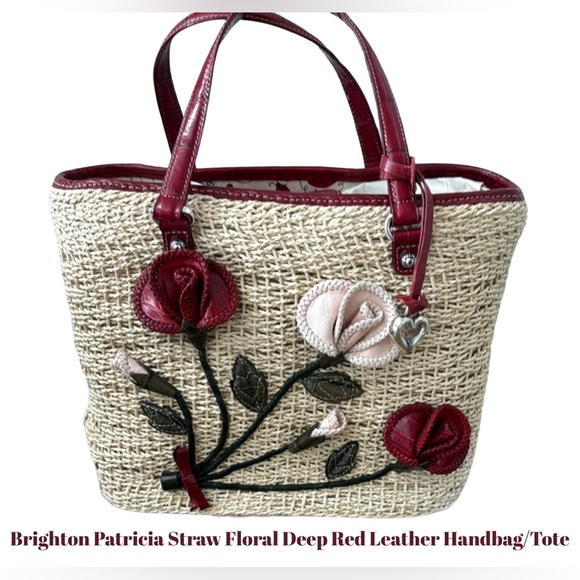 Brighton Handbags - Brighton Patricia Straw Floral Deep Red Leather Handbag/Tote